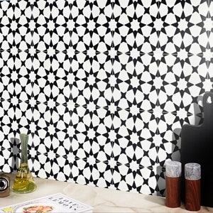 Moroccan Handmade Cement Tiles 8 Inch x 8 Inch Black And White, Marrakech Encaustic Floor And Wall, Indoor And Outdoor Tiles, Pack Of 12.