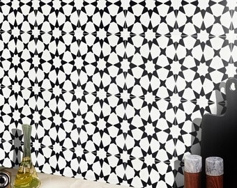 Handmade Moroccan Cement Tiles, Black and White Star Pattern, Pack of 12