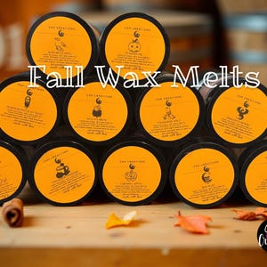 May include: A display of black wax melt containers with orange labels, featuring autumn-themed designs. The words "Fall Wax Melts" are visible. Cinnamon sticks and fallen leaves are arranged in front.