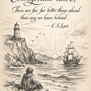 Può includere: Illustrazione color seppia con la citazione "Courage, dear heart, There are far, far better things ahead than any we leave behind. - C.S. Lewis." L'immagine mostra un faro, una nave e una persona, disegnati a inchiostro.