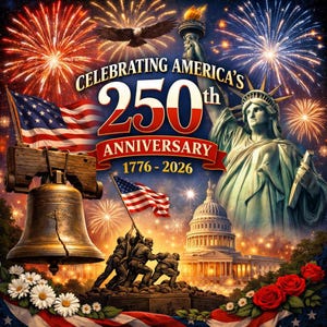 May include: A patriotic image celebrating America's 250th Anniversary. The design features the Statue of Liberty, the U.S. Capitol, the Liberty Bell, and the American flag. Fireworks, an eagle, and the text "Celebrating America's 250th Anniversary 1776-2026" are also included.