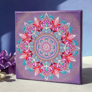 Mandala Painting Original Canvas Wall Art 8x8&quot; Dot Art Acrylic Painting Hand Painted Mandala Meditation Dotting Ornament
