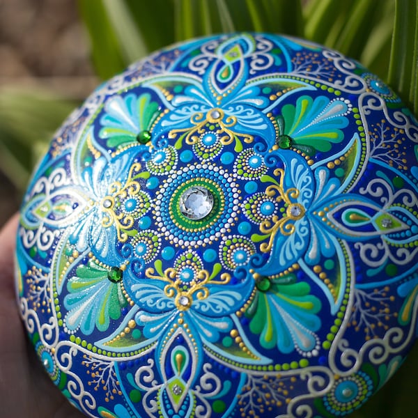 Painted Rock Mandala Stone Hand Painted Original Dot Art Blue Colors Mandala Rock Painting Mandala Dot Art Meditation Stone