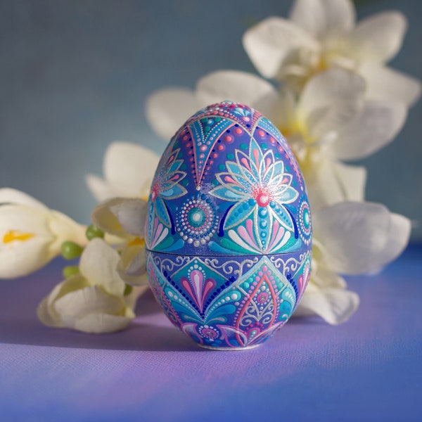 Hand Painted Easter Egg Box Mandala Dot Art Original Ornament Egg Wood Egg Pysanky Jewelry Box