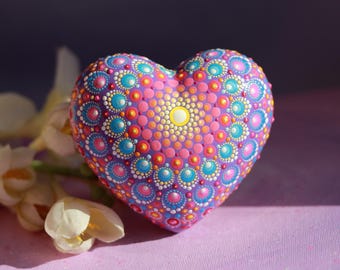 Heart Mandala Painted Rock Hand-Painted Original Dot Art Meditation Stone