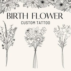Kundenspezifische Geburtsblumen-Tätowierung, Familie Blumenstrauß, Wildblumen SVG, botanische Blumenkomposition, zierliches personalisiertes Geburtsmonat-Stück