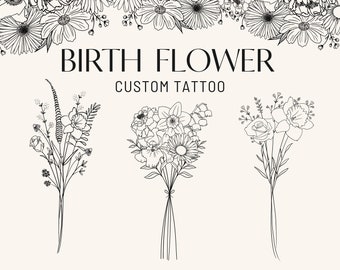 Custom Birth Flower Tattoo, Family Flower Bouquet, Wildflower SVG, Botanical Floral Commission, Dainty Personalized Birth Month Piece