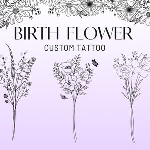 Kundenspezifische Geburtsblumen-Tätowierung, Familie Blumenstrauß, Wildblumen SVG, botanische Blumenkomposition, zierliches personalisiertes Geburtsmonat-Stück