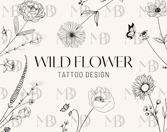 Dainty Wildflower Tattoo Design, floral svg, Botanical bouquet, birth flower tattoo, Rose tattoo, Tiny tattoo, line art tattoo, minimalist