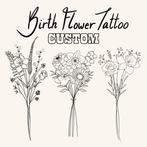 Digital Custom Birth Flower Tattoo, Family Flower Bouquet, Wildflower SVG, Botanical Floral Commission, Dainty Personalized