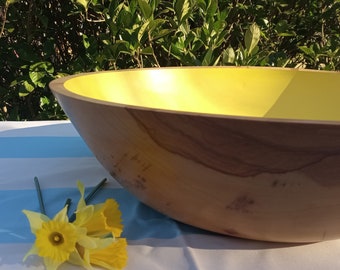 Large 17" Painted Wooden Fruit Bowl/ Unique Handmade Turned Wood Bowl/ Bright Yellow Centerpiece Vessel for the Table/ Kitchen Decor Bowl