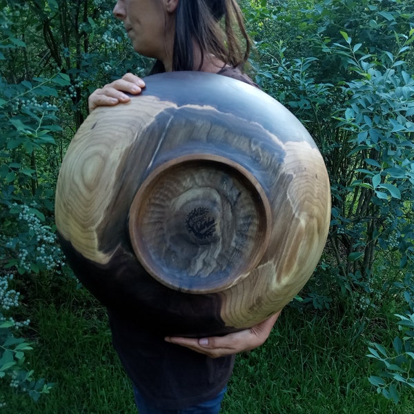 20" Black Walnut Wood Bowl/ OOAK Handmade Wooden Salad Serving Bowl/ Oversized Turned Wood Bowl Centerpiece/ Natural Edge Wood Pedestal Bowl