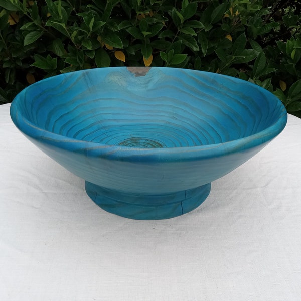 Extra-Large 18" Blue Pedestal Bowl for the Home/ Handmade Decorative Wooden Centerpiece Bowl/ Unique Turned Wood Bowl for the Kitchen