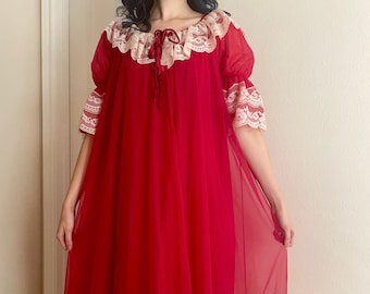 Rare Vintage Intime California Red Nylon Peignoir Nightgown and Robe Set, Lace Frilly Collar Maxi, 1950s 1960s Valentines