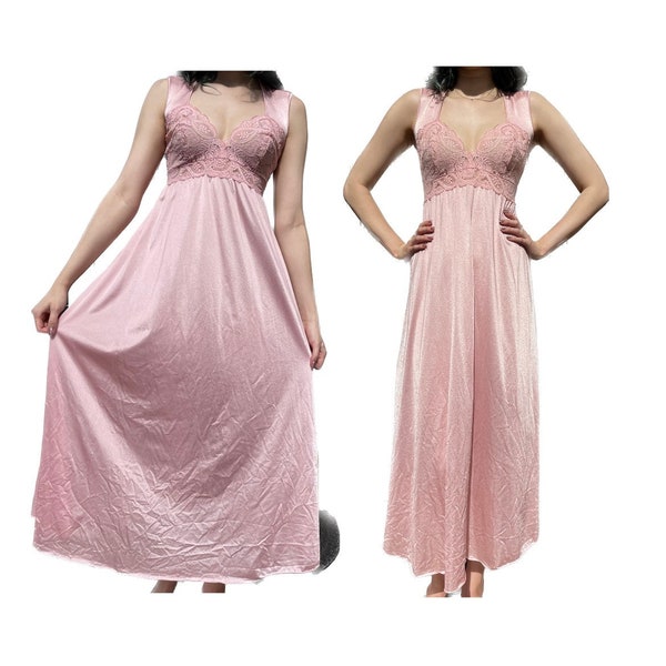 Vintage Rare Olga XL Light Shimmery Pink Grand Sweep Maxi Lace Bodice Nightgown Style 98680