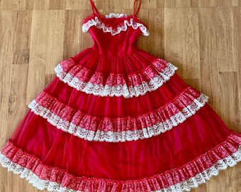 One of a Kind Vintage Handmade Red and White Lace Ruffle Tiered Maxi Dress, Prom, Costume, Fiesta