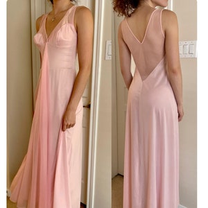 Vintage Glydons of Hollywood Pink Full Length Nightgown with chiffon gathering, Old Hollywood Peignoir Nightgown Slip Dress, Mesh Low Back