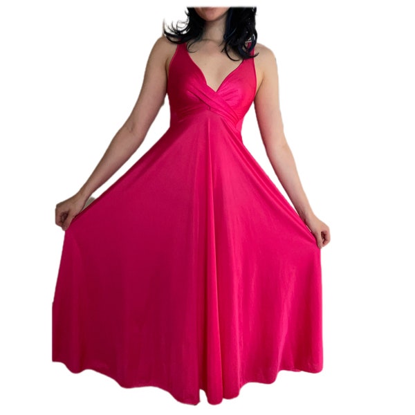 Vintage Rare L Olga Bright Pink Fuschia Twist Front Maxi Nightgown 92400, Valentine’s Peignoir Criss Cross Wrap Bodice