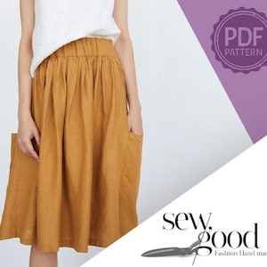 Op de afbeelding: Een PDF-naaipatroon voor een mosterdgele geplooide rok met een enkele klepzak aan de rechterkant. De rok is knielengte en heeft een elastische tailleband. Het patroon is van Sew Good, een bedrijf voor handgemaakte mode.