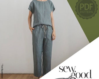 Pantalon femme avec ceinture élastique, 1 fichier avec toutes les tailles en anglais, patron de couture imprimable PDF, téléchargement immédiat