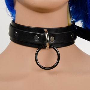May include: A black leather choker with a silver ring and metal accents.