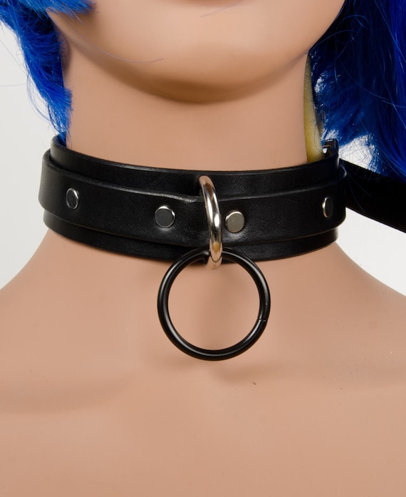 Black Leather Choker Collar With Single Black Ring and Silver D