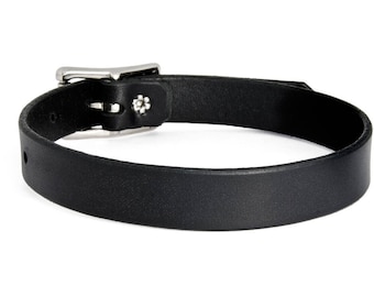 May include: A black leather choker with a silver buckle. The buckle has a small flower design.