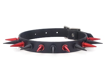 Black and Red Spiked Real Leather Punk Rock Choker