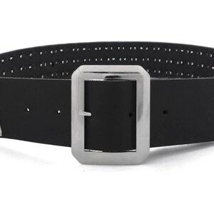 May include: A black leather belt with a silver buckle and three rows of silver pyramid studs.