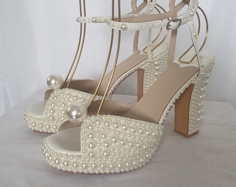 Buy Ivory Pearl Bridal Shoes, Block Heel, Platform Wedding Shoes