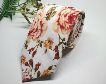 Orange Floral Tie, Floral Skinny Tie, Groomsmen Tie, Retro Tie, Wedding Tie, pink rose Tie,  Bridal tie, Gifts for him, mens ties