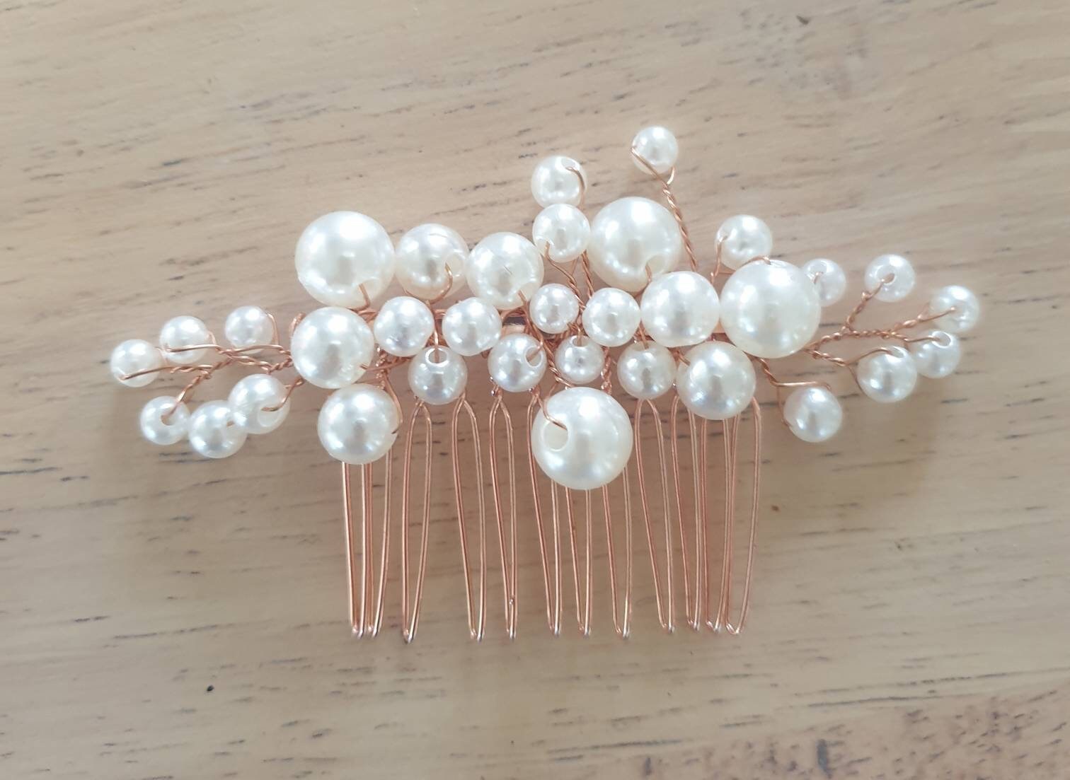 NEW Brushed Rose Gold and Ivory Pearl Wedding Comb Rosewood Porcelain Flowers and Crystal Rose Gold Hair Comb main image 3
