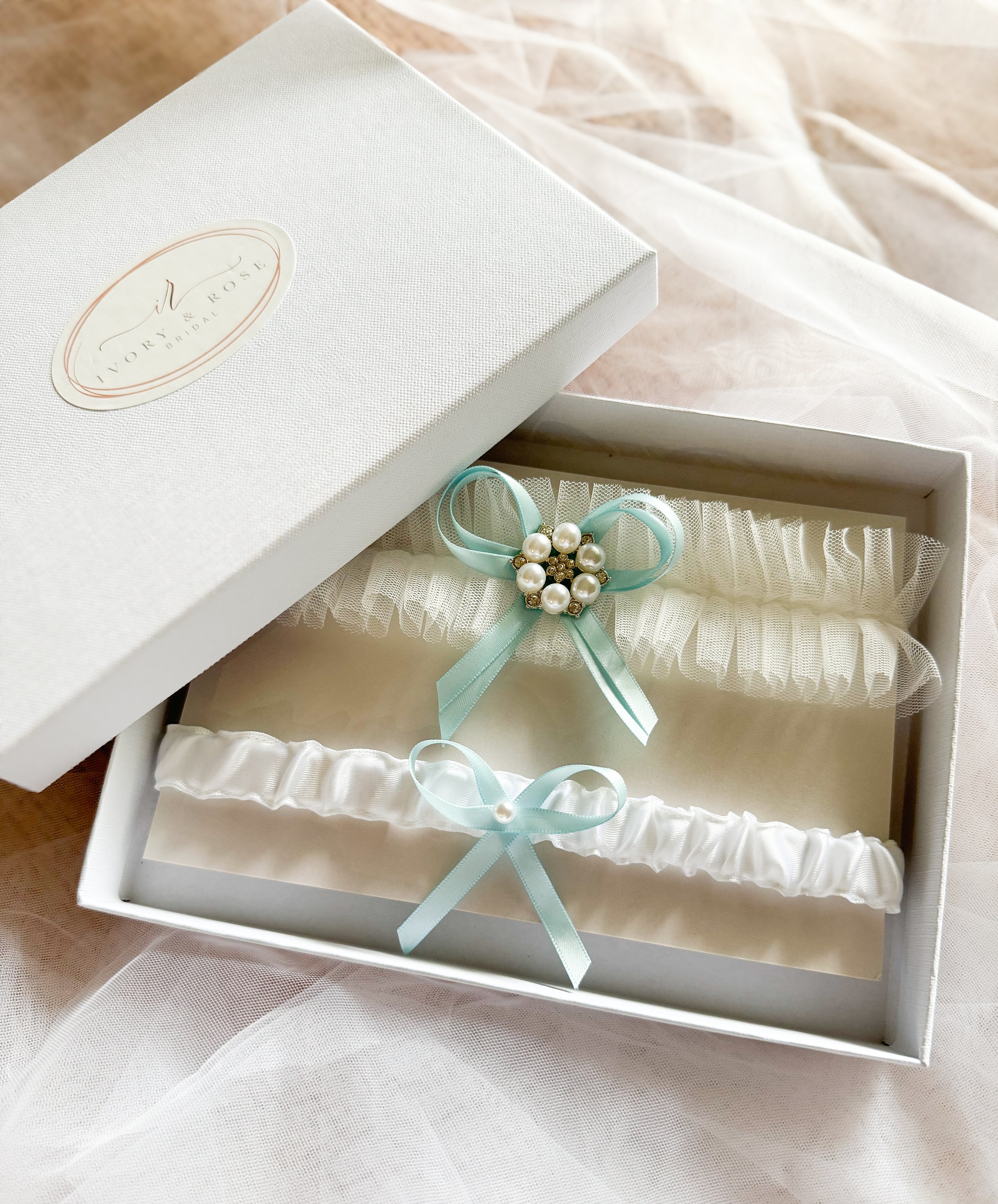 Something Blue Tulle Wedding Garter Set: Bridal Pearl Garter