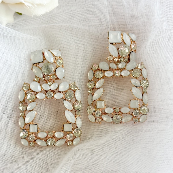 Letisha Square Retro Bridal Earrings, CZ Crystal Bridal Earrings, Swarovski earrings, wedding earrings, Crystal drop earrings