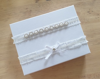 Pearl &  Rhinestone Flower, Wedding Garter Set, CZ Bridal Garter