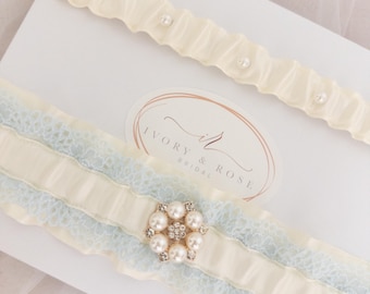 Something Blue Lace Wedding Garter with Gold Rhinestone & Pearl Accent