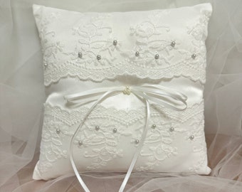 Large White Lace Pearl Ring Bearer Pillow, Page Boy Pillow, Wedding ring pillow