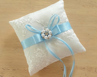 Blue Lace  Pearl Ring Bearer Pillow, Page Boy Pillow, Wedding ring pillow