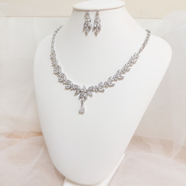 Mariah Silver Bridal Necklace set, Crystal drop earrings, Gold CZ Earrings, wedding earrings,  earrings, bridesmaid earrings