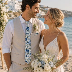 Dusty Blue Floral Cotton Wedding Tie & Pocket Square : Groomsmen Gift