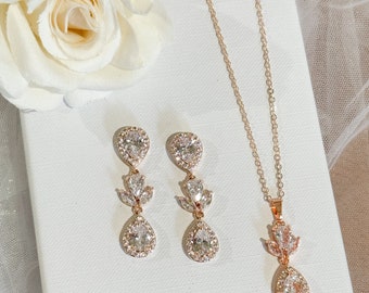 Mia Rose Gold Bridesmaid Necklace set, teardrop earrings, Rose Gold CZ Necklace set, bridesmaid jewellery set, bridesmaid earrings