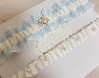 Something Blue Lace Wedding Garter with Rhinestone & Pearl Accent