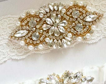Gold Rhinestone & Pearl Wedding Garter Set, CZ Bridal Garter (Small)