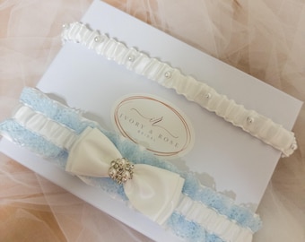 Something Blue Lace Wedding Garter with Bow & Pearl Accent