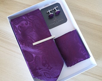 Purple Paisley Silk Tie Set, Tie, Groomsmen Tie, Work Tie, Wedding Tie, silk tie,  Bridal tie, Gifts for him, mens ties