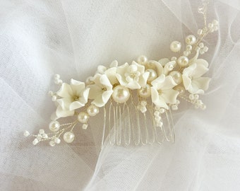 Harper Crystal Pearl Bridal Flower Hair Comb, porcelain flowers, wedding comb, crystal hair comb, wedding accessories, bridal hairpiece