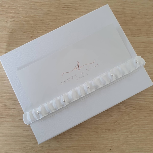 Satin pearl Wedding Garter, Bridal Garter, toss garter, ivory pearl garter, white garter, satin pearl garter