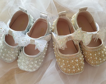 Jemimah Flower Girl Pearl Shoes, Flat Shoes, Baby Shoes, Girl Shoes, Flower Girl Wedding Shoes - In Stock