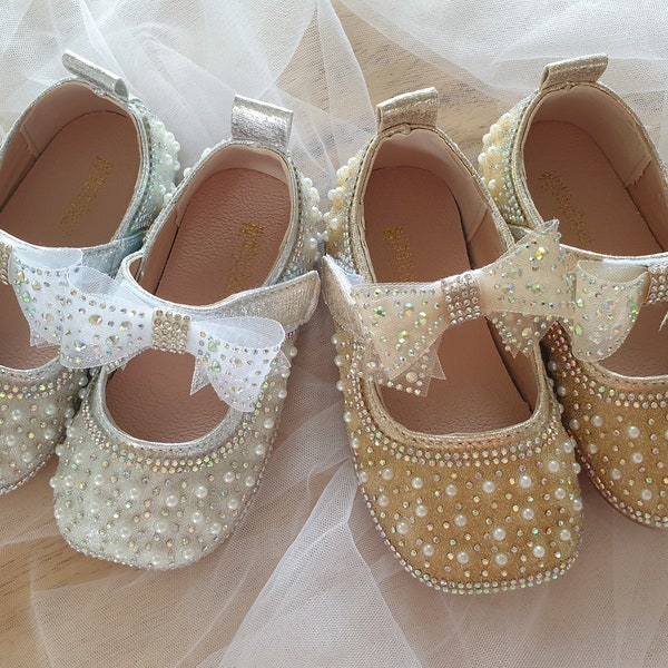 Jemimah Flower Girl Pearl Shoes, Flat Shoes, Baby Shoes, Girl Shoes, Flower Girl Wedding Shoes - In Stock