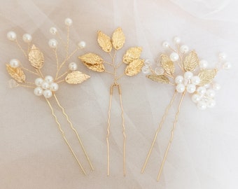 Bree Gold Pearl Wedding Hair Pins, gold leaf  wedding pins pearls hair pins white pearl wedding accessories bridal hair accessories